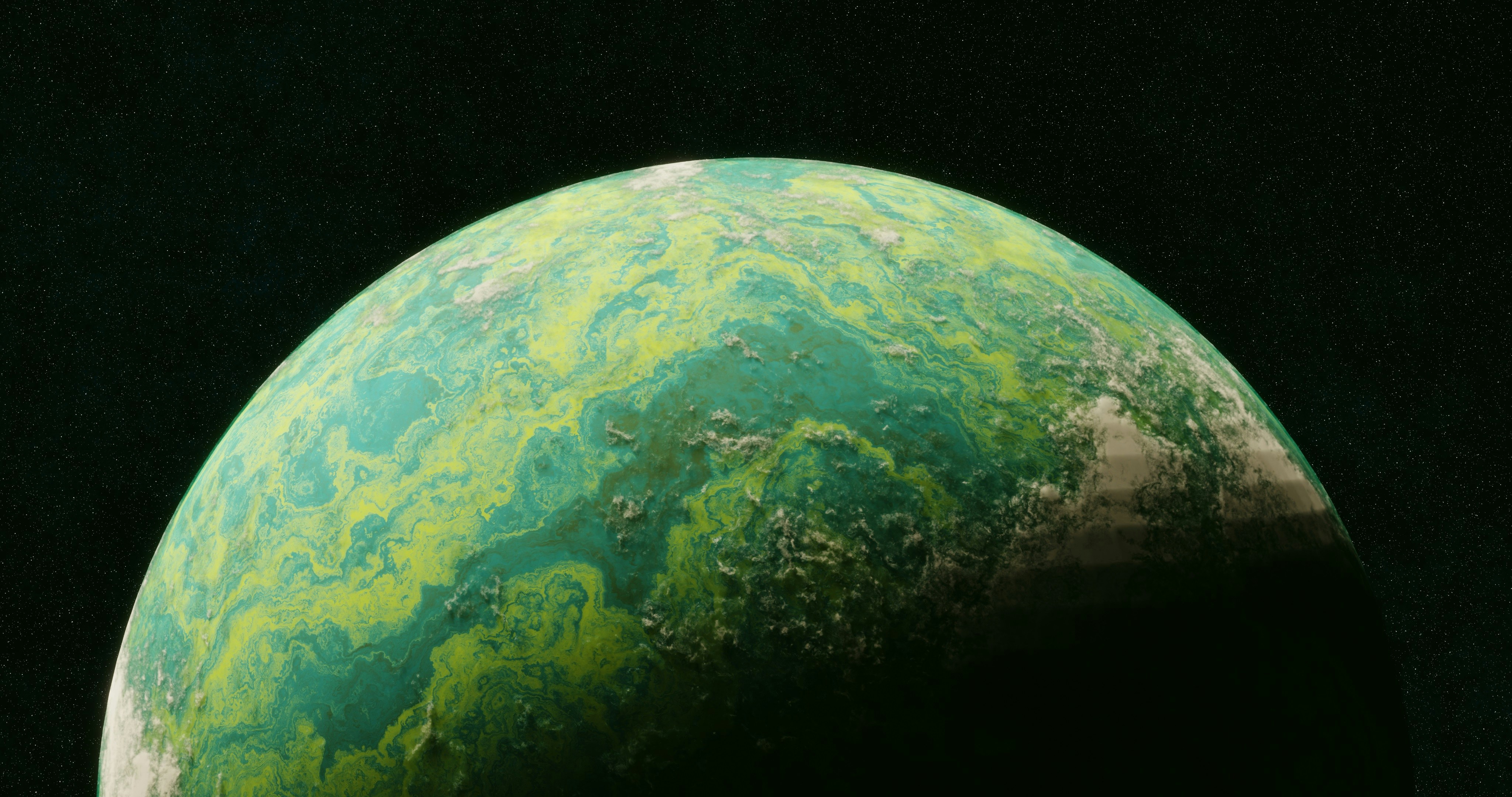 A green world tumbling in the void of space.