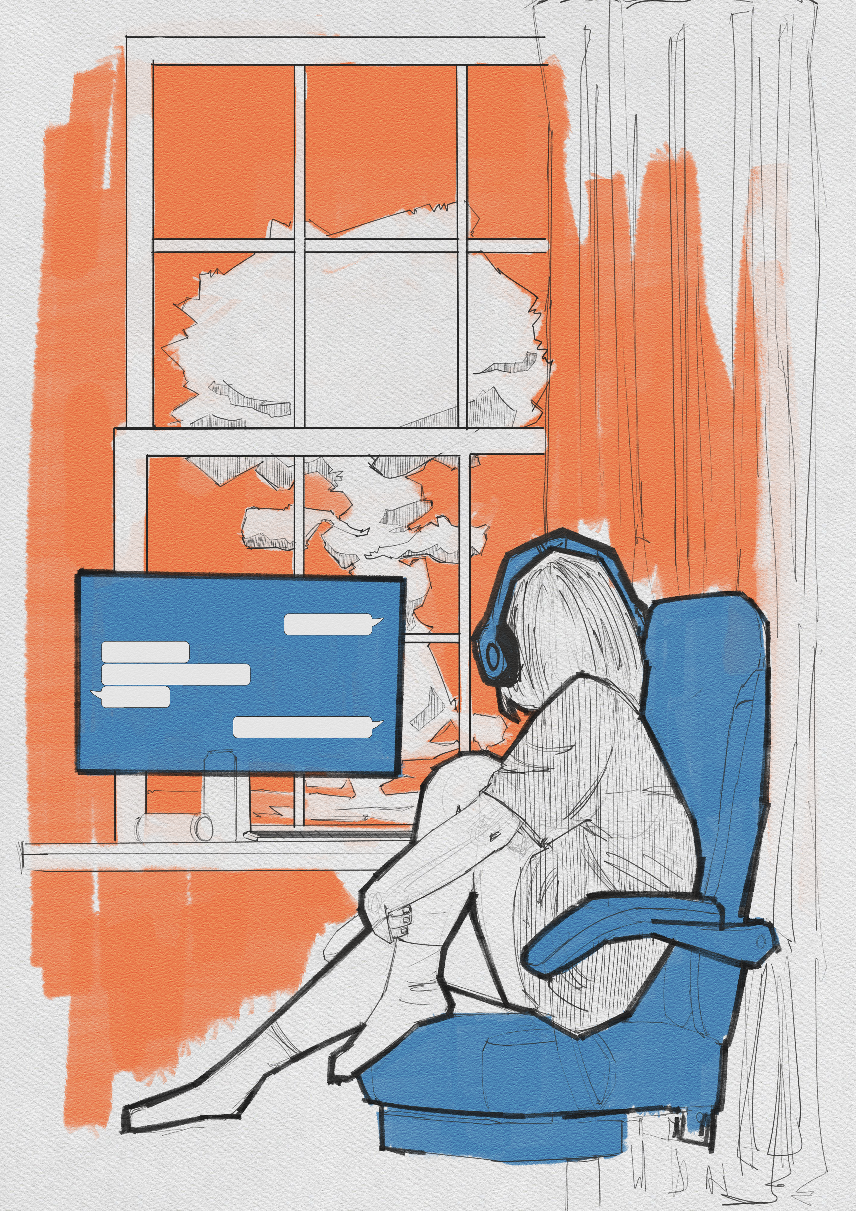A girl faces a computer screen while an explosion blossoms outside her window.